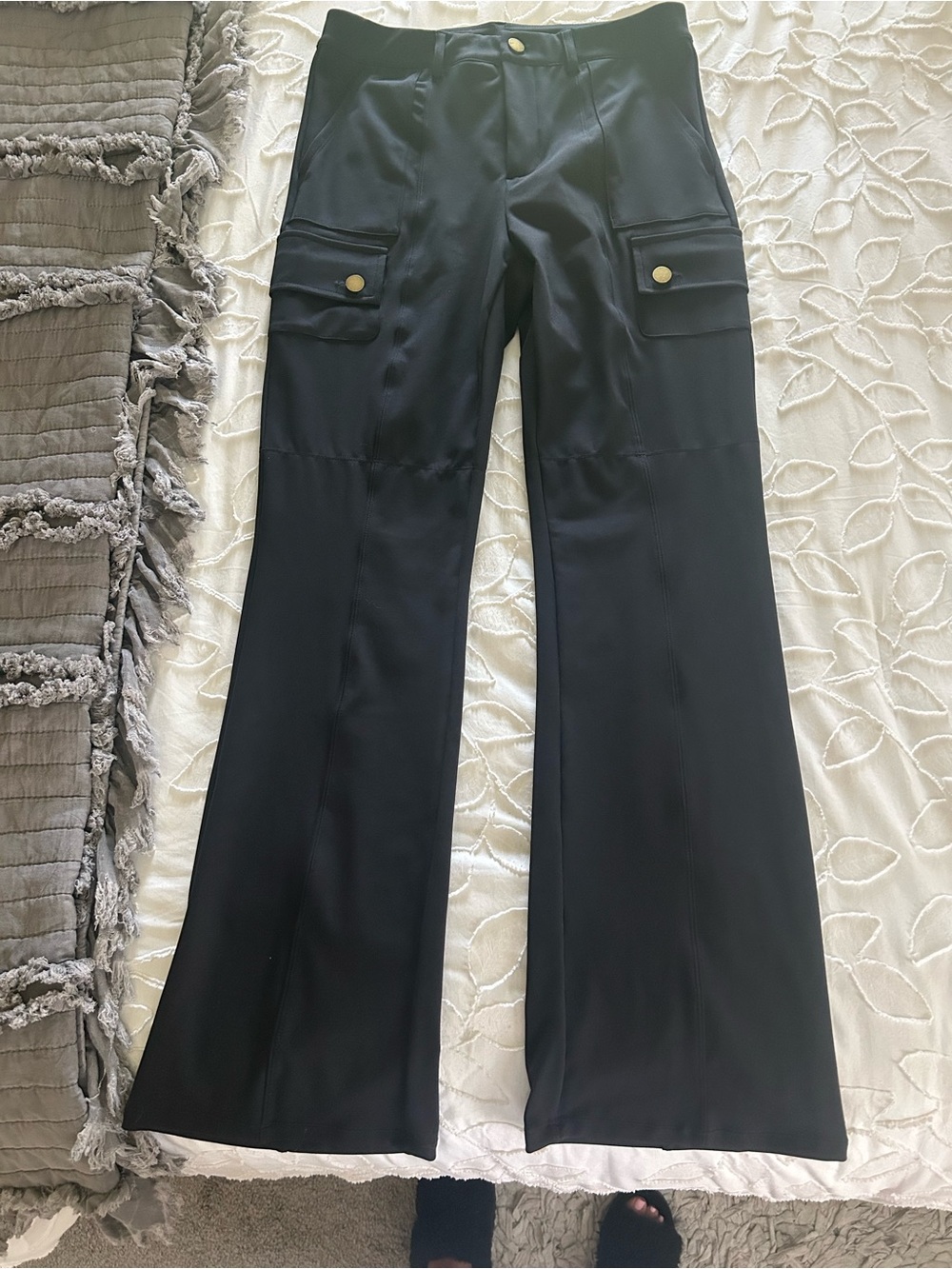 HALARA Black Flare Cargo Pants with Gold Buttons